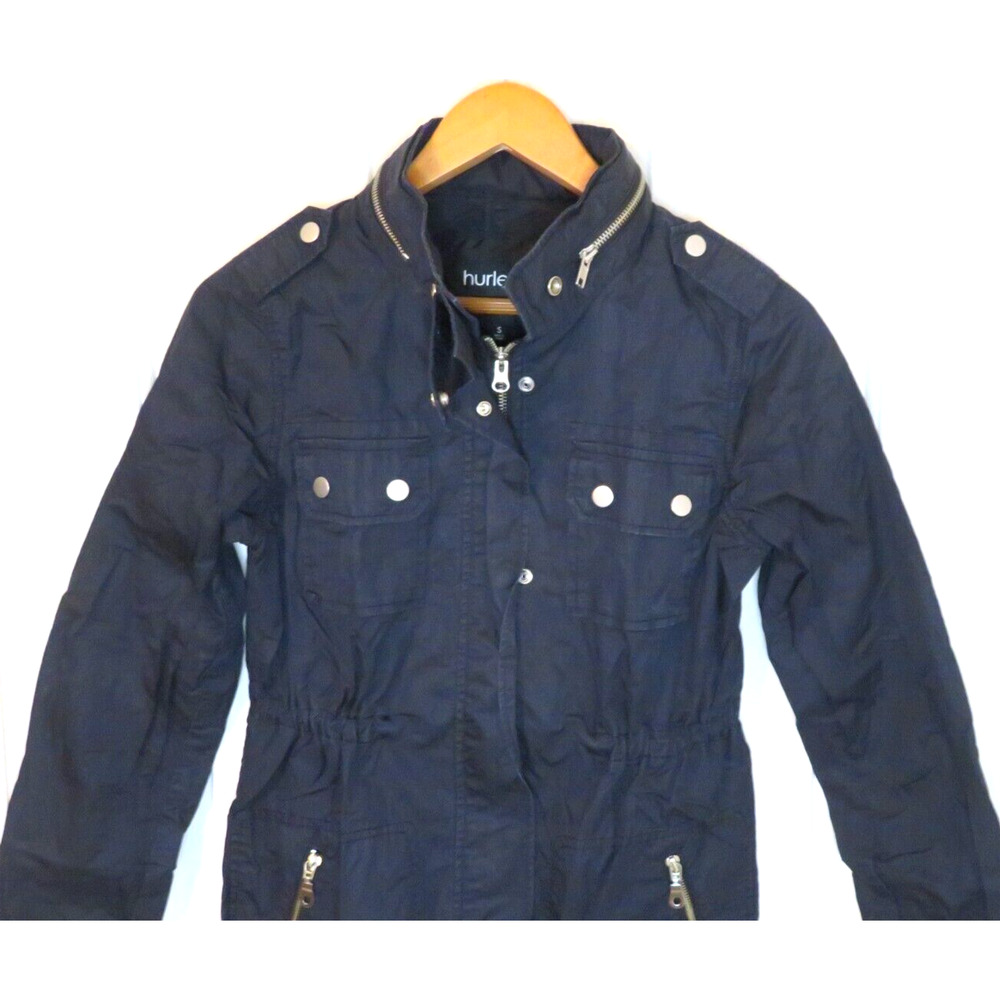 Hurley Women's Rain Moto Bomber Jacket w/ Hood 4 Pockets Navy Blue - Size Small